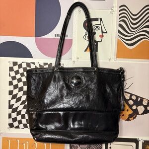 Coach Black Embroidered Leather Tote with Silver Hardware